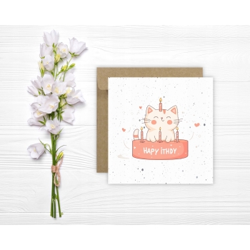 Kartka okolicznościowa na urodziny URODZINOWA Happy Birthday kotek z tortem