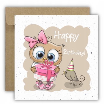 Kartka okolicznościowa na urodziny URODZINOWA Happy Birthday sowa ptaszek