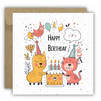 Kartka okolicznościowa na urodziny URODZINOWA Happy Birthday kotki ptaszek