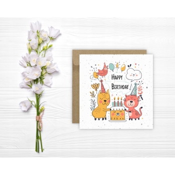 Kartka okolicznościowa na urodziny URODZINOWA Happy Birthday kotki ptaszek