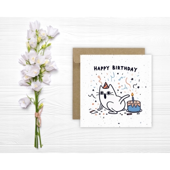 Kartka okolicznościowa na urodziny URODZINOWA Happy Birthday kotek torcik