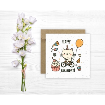 Kartka okolicznościowa na urodziny URODZINOWA Happy Birthday kotek rower