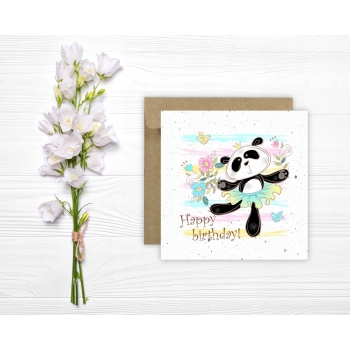 Kartka okolicznościowa na urodziny URODZINOWA Happy Birthday panda kwiaty