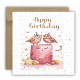 Kartka okolicznościowa na urodziny URODZINOWA Happy Birthday sowy tort