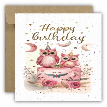 Kartka okolicznościowa na urodziny URODZINOWA Happy Birthday sowy tort