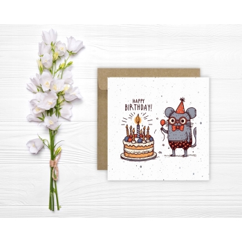 Kartka okolicznościowa na urodziny URODZINOWA Happy Birthday myszka tort