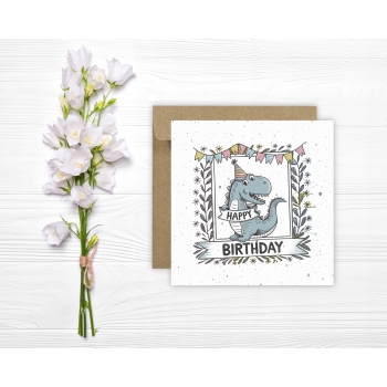 Kartka okolicznościowa na urodziny URODZINOWA Happy Birthday dinozaur