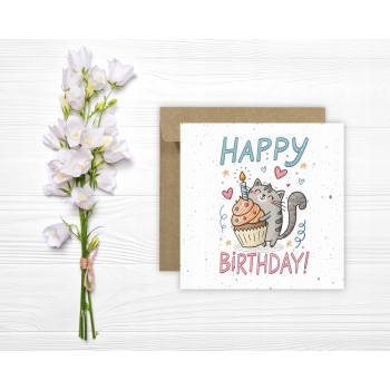 Kartka okolicznościowa na urodziny URODZINOWA Happy Birthday kot i babeczka