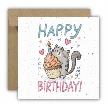 Kartka okolicznościowa na urodziny URODZINOWA Happy Birthday kot i babeczka