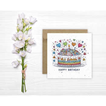 Kartka okolicznościowa na urodziny URODZINOWA Happy Birthday tort i serca