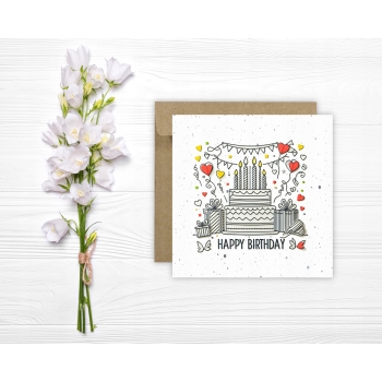 Kartka okolicznościowa na urodziny URODZINOWA Happy Birthday tort i serca