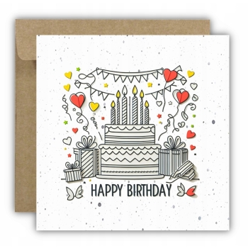 Kartka okolicznościowa na urodziny URODZINOWA Happy Birthday tort i serca