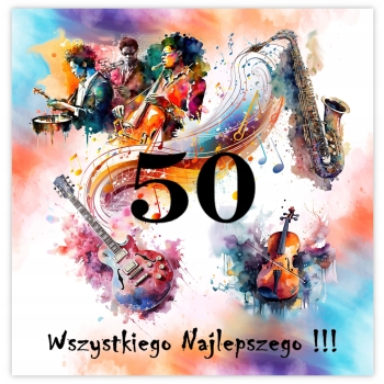 KARTKA NA 50 URODZINY MUZYKA INSTRUMENT JAZZ GITARA SAKSOFON + KOPERTA