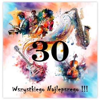 KARTKA NA 30 URODZINY MUZYKA INSTRUMENT JAZZ GITARA SAKSOFON + KOPERTA