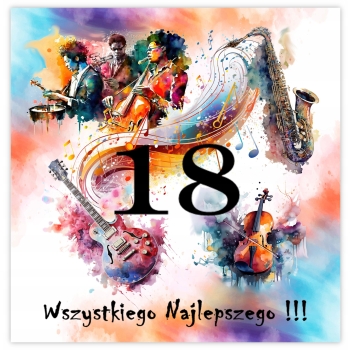 KARTKA NA 18 URODZINY MUZYKA INSTRUMENT JAZZ GITARA SAKSOFON + KOPERTA