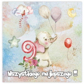KARTKA NA 9 URODZINY DZIEWIĘĆ LATEK PASTELOWA ZWIERZĄTKA SŁONIK + KOPERTA