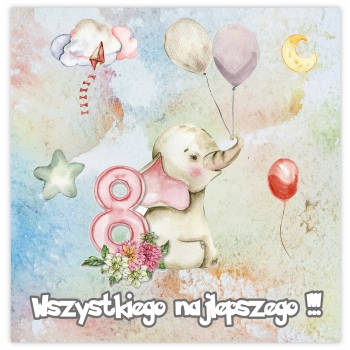 KARTKA NA 8 URODZINY OSIEM LATEK PASTELOWA ZWIERZĄTKA SŁONIK + KOPERTA