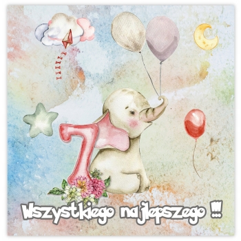 KARTKA NA 7 URODZINY SIEDEM LATEK PASTELOWA ZWIERZĄTKA SŁONIK + KOPERTA