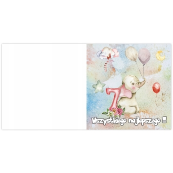 KARTKA NA 7 URODZINY SIEDEM LATEK PASTELOWA ZWIERZĄTKA SŁONIK + KOPERTA