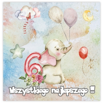 KARTKA NA 6 URODZINY SZEŚĆ LATEK PASTELOWA ZWIERZĄTKA SŁONIK + KOPERTA