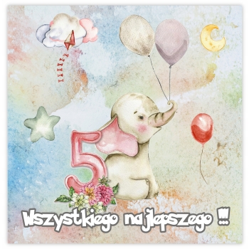 KARTKA NA 5 URODZINY PIĘĆ LATEK PASTELOWA ZWIERZĄTKA SŁONIK + KOPERTA