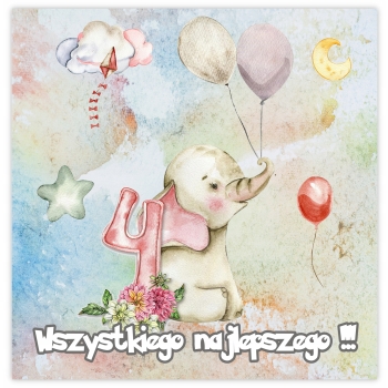 KARTKA NA 4 URODZINY CZTERY LATKA PASTELOWA ZWIERZĄTKA SŁONIK + KOPERTA