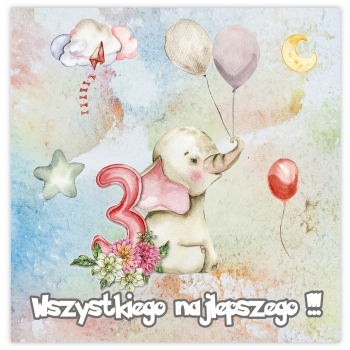 KARTKA NA 3 URODZINY TRZY LATKA PASTELOWA ZWIERZĄTKA SŁONIK + KOPERTA