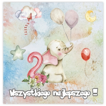 KARTKA NA 2 URODZINY DWA LATKA PASTELOWA ZWIERZĄTKA SŁONIK + KOPERTA