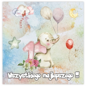 KARTKA NA 1 URODZINY ROCZEK PASTELOWA ZWIERZĄTKA SŁONIK + KOPERTA