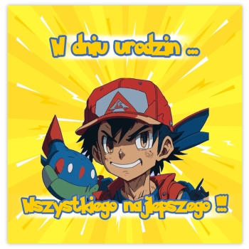 KARTKA NA URODZINY POKEMON PIKACHU ASH DLA DZIECI PAMIĄTKA + KOPERTA