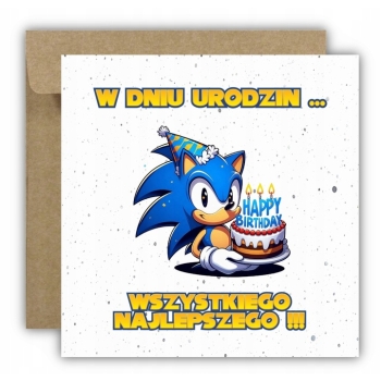 Kartka na urodziny dla dzieci Sonic X jeż czapeczka torcik Z ŻYCZENIAMI