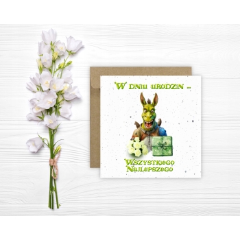 Kartka na urodziny urodzinowa dla dzieci Shrek prezent kwiaty Z ŻYCZENIAMI
