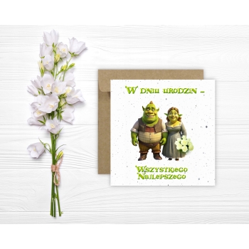 Kartka na urodziny urodzinowa dla dzieci Shrek Fiona kwiaty Z ŻYCZENIAMI