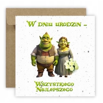Kartka na urodziny urodzinowa dla dzieci Shrek Fiona kwiaty Z ŻYCZENIAMI