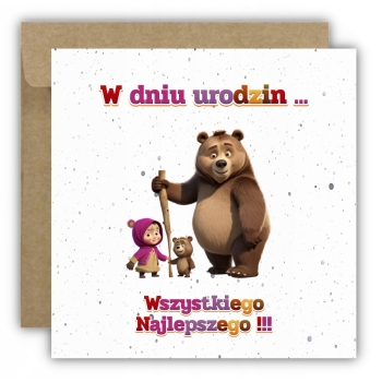 Kartka okolicznościowa na urodziny dla dzieci Masza i Niedźwiedź +ŻYCZENIA