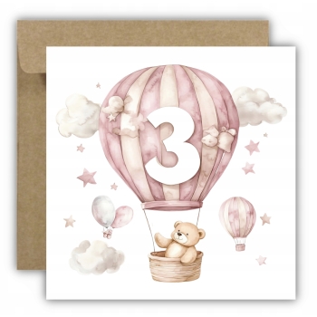 Kartka na 3 urodziny 3 latka dla dziewczynki balon miś chmury dla dzieci