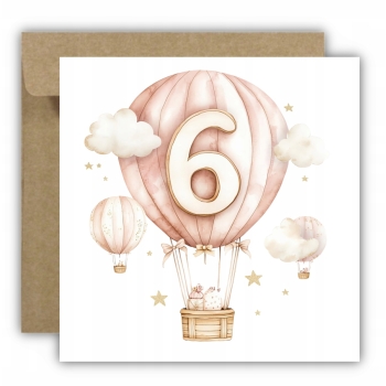 Kartka na 6 urodziny 6 latek dziewczynka balon miś chmury dla dzieci różowa