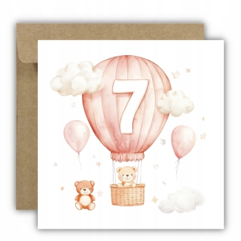 Kartka na 7 urodziny 7 latek dla dziewczynki balon miś chmury dla dzieci