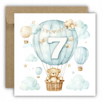 Kartka na 7 urodziny 7 latek dla chłopca balon miś chmury dla dzieci
