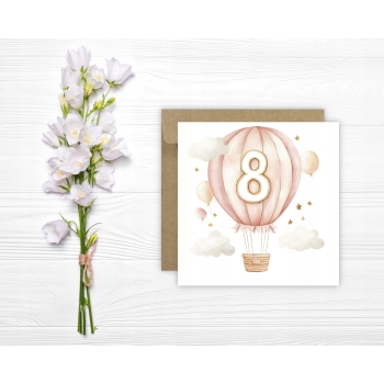 Kartka na 8 urodziny 8 latek dla dziewczynki balon miś chmury dla dzieci