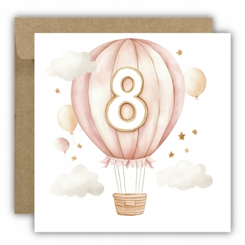 Kartka na 8 urodziny 8 latek dla dziewczynki balon miś chmury dla dzieci