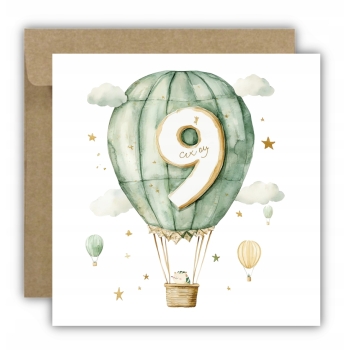 Kartka na 9 urodziny 9 latek urodzinowa balon miś chmury dla dzieci