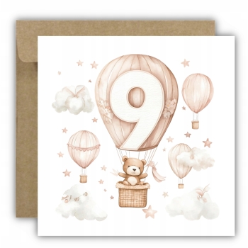 Kartka na 9 urodziny 9 latek dla dziewczynki balon miś chmury dla dzieci