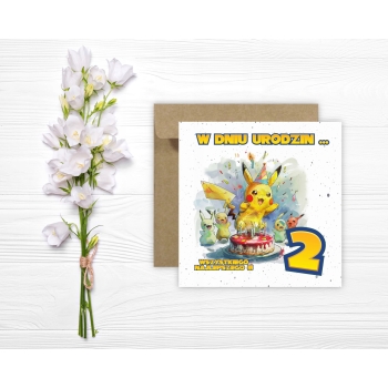 Kartka na 2 urodziny urodzinowa dla dzieci pokemon pikachu Z ŻYCZENIAMI