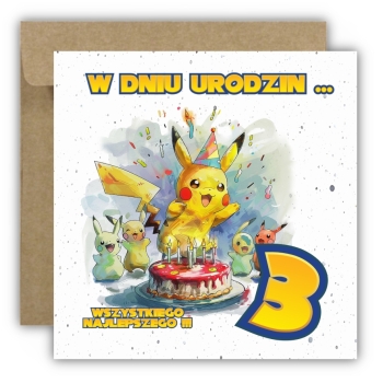 Kartka na 3 urodziny urodzinowa dla dzieci pokemon pikachu Z ŻYCZENIAMI