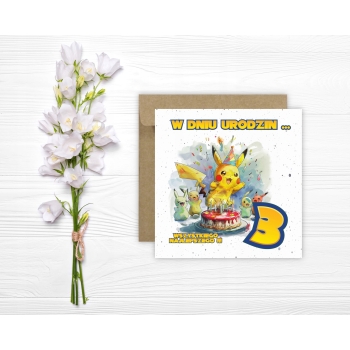 Kartka na 3 urodziny urodzinowa dla dzieci pokemon pikachu Z ŻYCZENIAMI