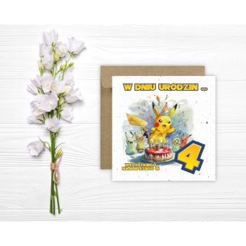 Kartka na 4 urodziny urodzinowa dla dzieci pokemon pikachu Z ŻYCZENIAMI