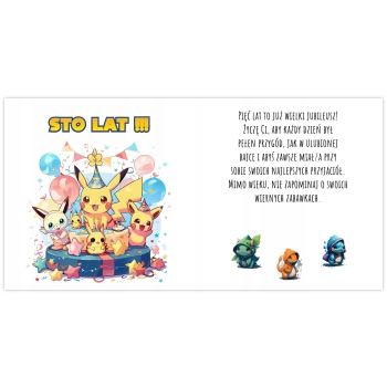 Kartka na 5 urodziny urodzinowa dla dzieci pokemon pikachu Z ŻYCZENIAMI