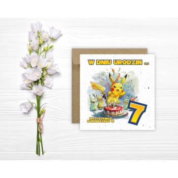 Kartka na 7 urodziny urodzinowa dla dzieci pokemon pikachu Z ŻYCZENIAMI