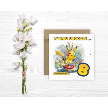 Kartka na 8 urodziny urodzinowa dla dzieci pokemon pikachu Z ŻYCZENIAMI